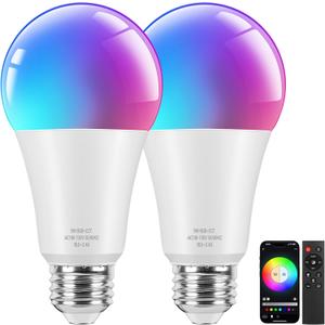 Brightever Smart A19 LED Light Bulbs, 60W Equivalent 800LM Color Changing E26 9W Bluetooth Light Bulbs with Remote Control, 16 Million DIY Colors RGBWW, Music Sync, 2-Pack