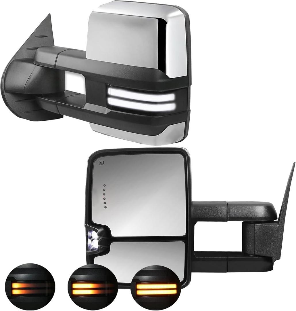 Tow Mirrors Compatible with 2007-2013 Chevy Silverado GMC Sierra, Extended Trailer Towing Side Mirrors with Sequential Switchback Turn Signal, Backup Light, Power Heated Adjustable, Chrome