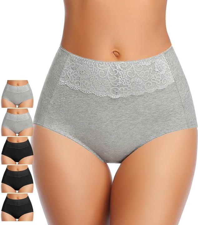 MISSWHO Women's High Waisted Cotton Underwear Soft Breathable Full Coverage Stretch Briefs Ladies Panties 5-Pack (Medium, Black*3 Grey*2)