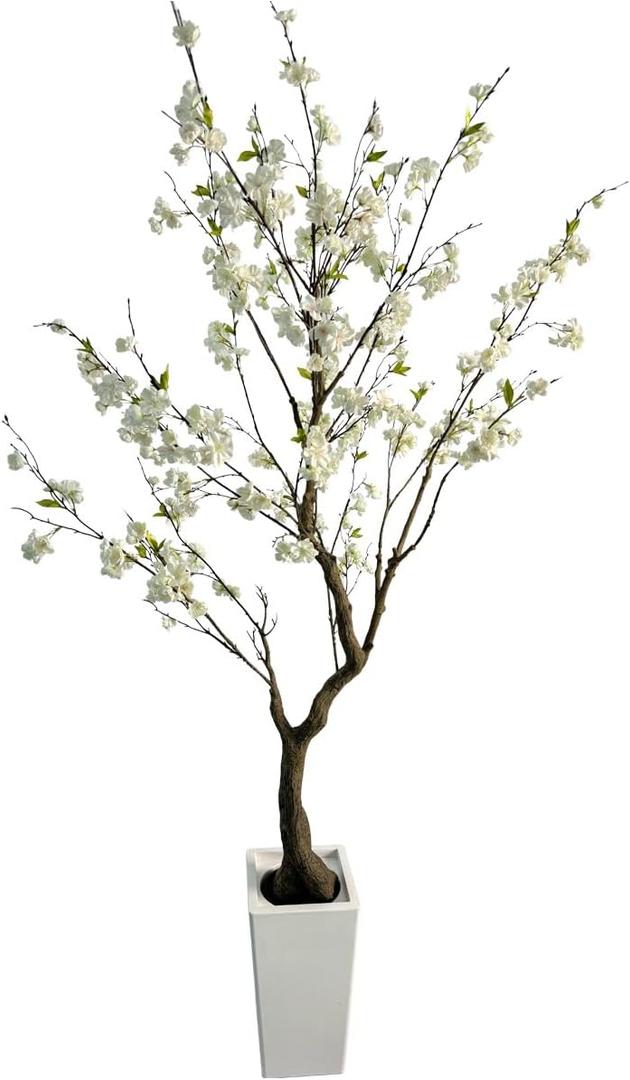 6.7FT Artificial Cherry Blossom Tree with Planter - Realistic Faux Sakura Tree for Home Office Decor, White Flowers, Low Maintenance Indoor/Outdoor Tree (6.7FT)