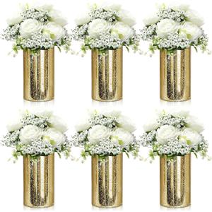 6 Sets Gold Cylinder Candle Vases Centerpiece with Flower for Table Artificial Peony with Baby's Breath Flowers Hurricane Candle Holder Mason Jars for Wedding Bridal Shower(White)