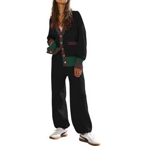 Women's 2 Piece Outfit Lounge Set Trendy Cardigan Sweater Pants Sets V Neck Button Pocket Knit Matching Loungewear, Size Medium
