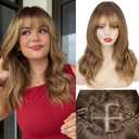 Wig with Bangs for Women Layered Hairstyle 4x4 Realistic Scalp Medium Length Wavy Synthetic Heat Resistant Hair Wig for Daily Party Use Light Brown mix Blonde Highlights 18 inch