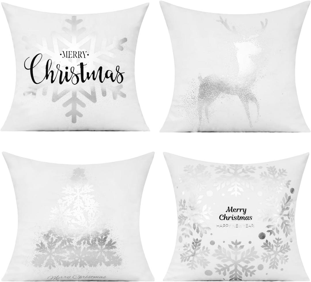 All Smiles White Silver Christmas Throw Pillow Covers Cases 18 X 18 Set of 4 Winter Xmas Navidad Decorations Indoor Home Holiday Dcor Ornaments Velvet Cushion for Sofa Tree Snowflake Reindeer