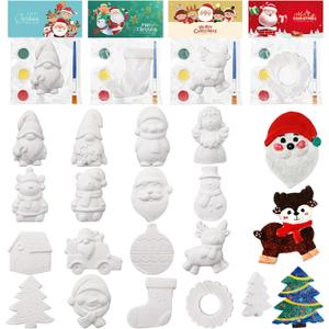 Realspring 16 Set Christmas Ceramic Painting Kit DIY Christmas Ready to Paint Ceramics Christmas Gifts Bulk Christmas Crafts Party Favors Christmas Ceramic Figures to Paint with Brush Palette Paint