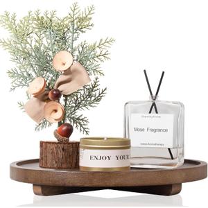 Round Decorative Tray Wood Bathroom Counter Organizer Farmhouse Kitchen Decor Wooden Riser for Soap Dish, Perfume, Candle, Sponge, 11" - Walnut