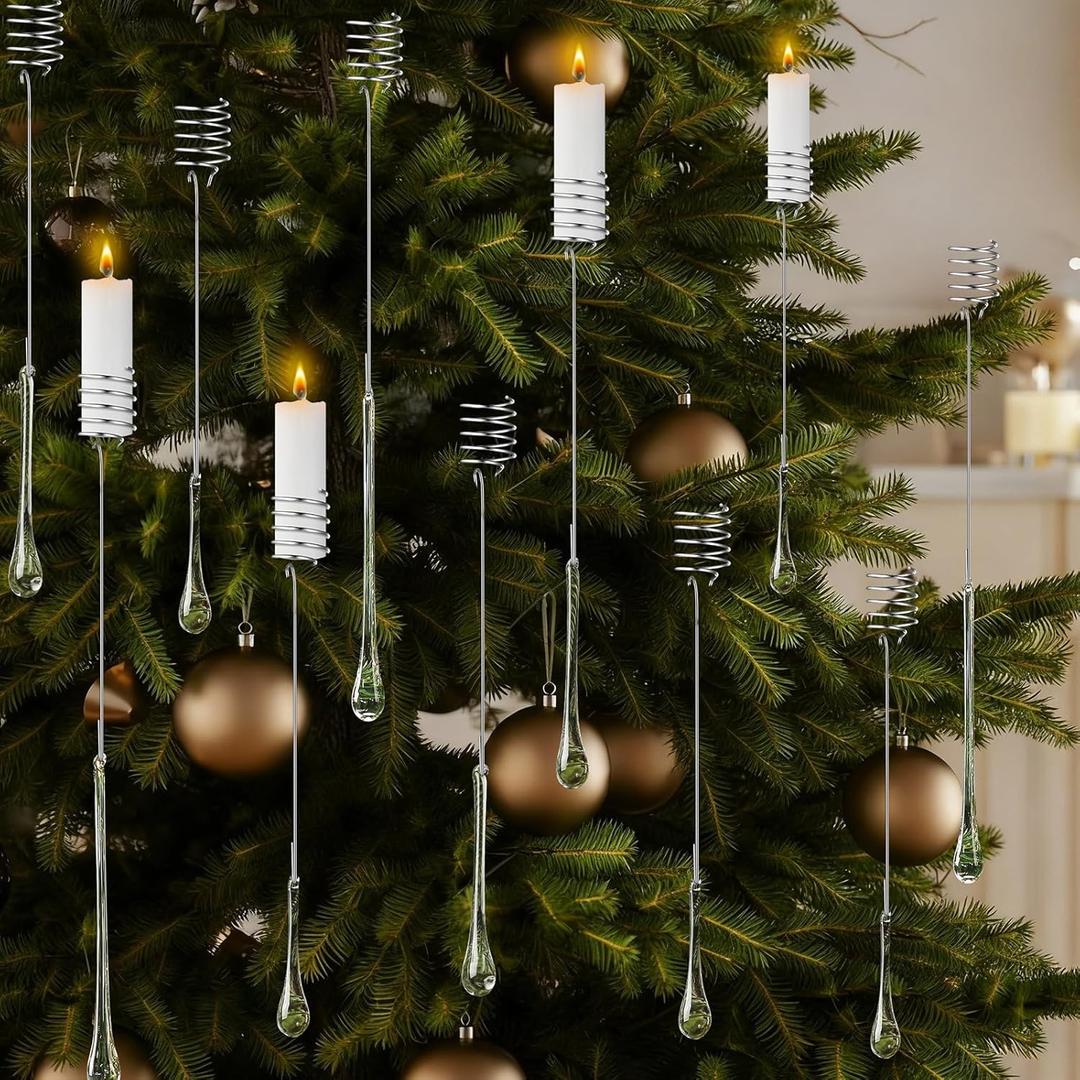 21 Set Christmas Candle Holder for Tree Vintage Traditional Metal Candleholder with Glass Teardrop Ornaments Retro Christian Decoration Hanging Clear Raindrop Ornament for Flameless Candles