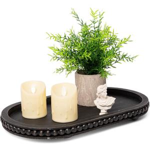 HPC Decor 15in Oval Tray for Home Decor - Black Wood Beaded Tray - Decorative Serving Tray,Rustic Farmhouse Wooden Trays for Vintage Centerpiece,Kitchen Counter,Living Room Decor,Coffee Table Decor.