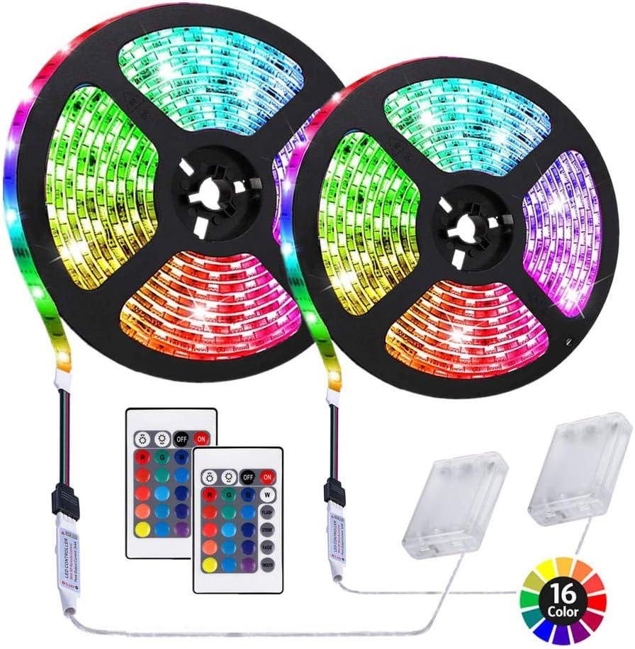 6.56 feet Battery Powered LED Strip Lights, DIY Indoor and Outdoor Decoration, Waterproof, 24 Keys Remote, 2 Pack