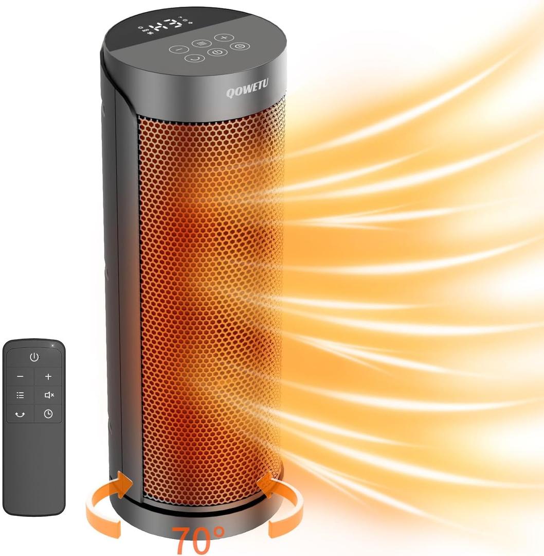Portable Space Heater for Indoor Use with Remote - QOWETU 70 Oscillating Electric Heater, 17 Inchs, 12H Timer, 1500W Quiet PTC Ceramic Heating with Thermostat, Fast Safety Heat for Home, Bedroom
