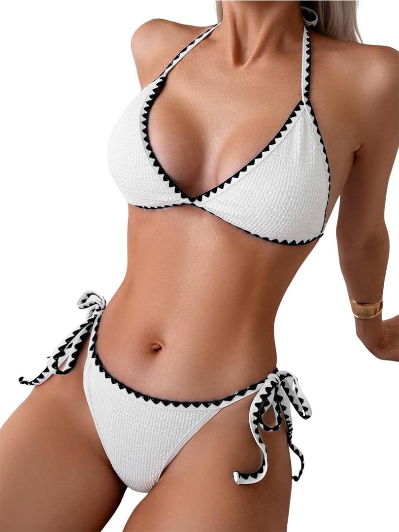 AYMGVK Bikini Sets for Women Two Piece Swimsuit Halter String Triangle Bathing Suit (White XL)