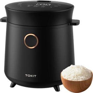 TOKIT Rice Cooker 3 Cup Uncooked/6 Cup Cooked, Nonstick Inner Pot Ceramic Rice Cooker Small,24H Timer Delay & Keep Warm, Portable 9 Preset Functions for Brown Rice, Steam, Soup, Black