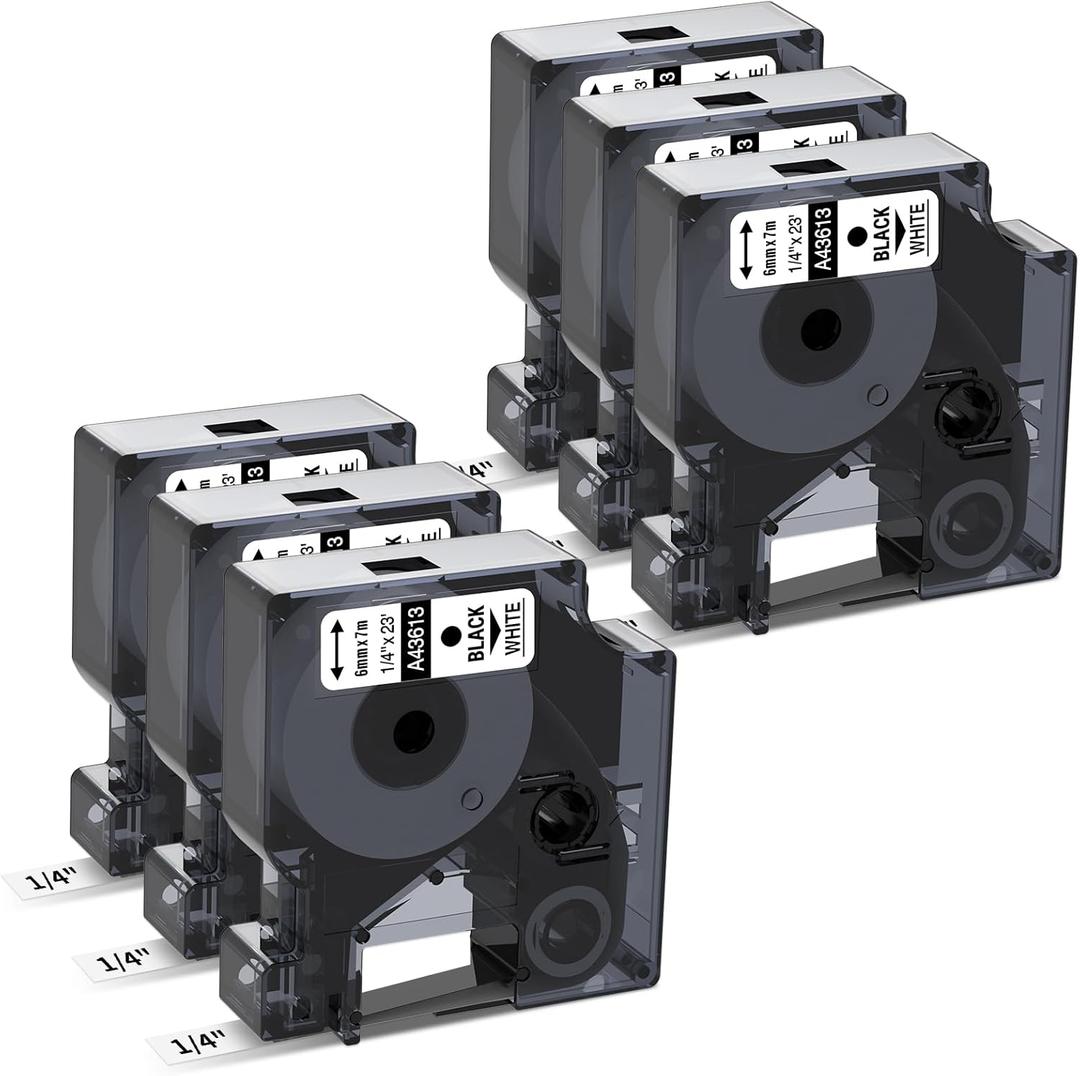 6-Pack Compatible Dymo 1/4 Inch 43613 D1 Label Tape Black on White 6mm Label Maker Refills S0720780 for DYMO LabelManager 160 280 360D 420P 450, 1/4 in x 23 Ft