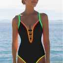 popvil Women One Piece Swimsuit Tummy Control Deep V Neck Neon Cute Bathing Suit Back Tie Swim Suits 2025 Summer (Black, L)