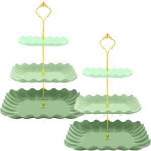 Lallisa 2 Pack Scalloped Cupcake Stand Dessert Plates Plastic Square Tiered Serving Stand Display Tower for Wedding, Birthday Party, Tea Party and Baby Shower(Green Gradient)