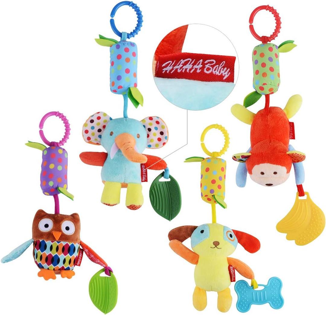 HAHA Baby Toys for 0 3 6 9 to 12 Months, Soft Hanging Crinkle Squeaky Sensory Learning Toy Infant Newborn Stroller Car Seat Crib Travel Activity Plush Animal Wind Chime with Teether for Boys Girls