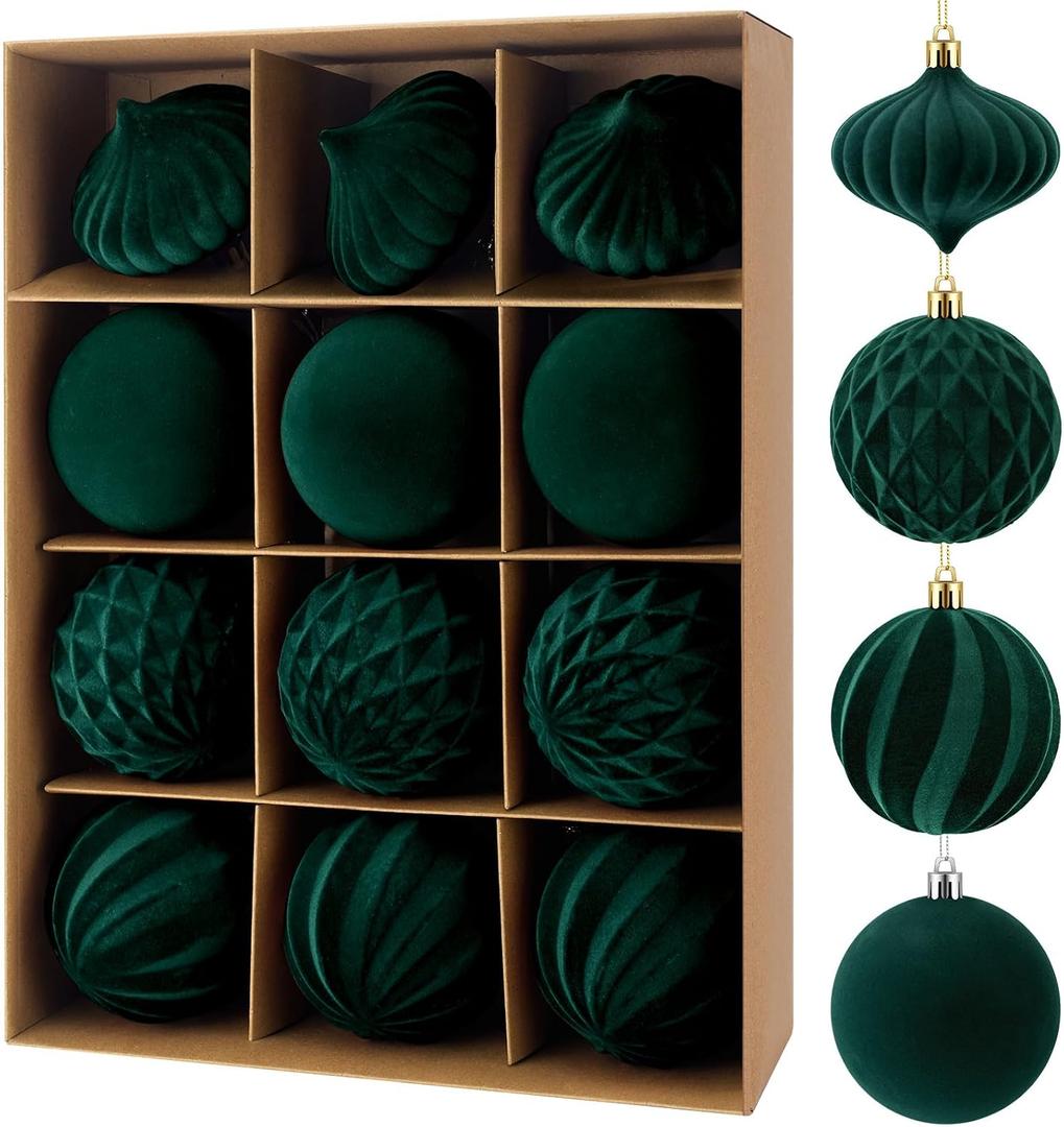 12Pcs Velvet Christmas Tree Balls Ornaments Plastic Flocked Shatterproof Handmade Hanging Decoration Plush Balls Assortment Sets for Christmas Decoration (Dark Green, 3.15in)