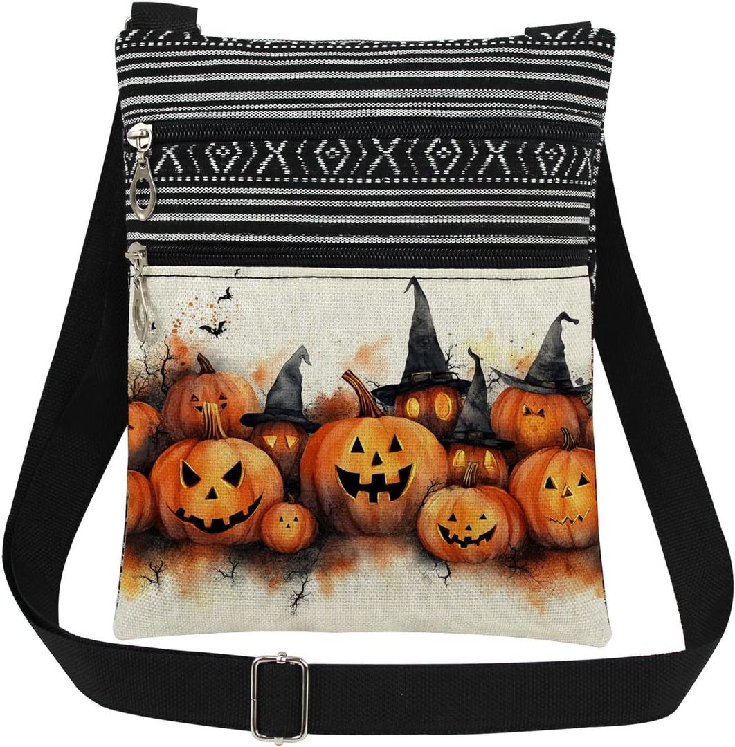 Halloween Pumpkin Adjustable Strap Crossbody Bag Jack-O-Lantern with Witch Hats and Bats Print Adult Messenger Bag Festive Gift for Halloween Party or Birthday Celebration