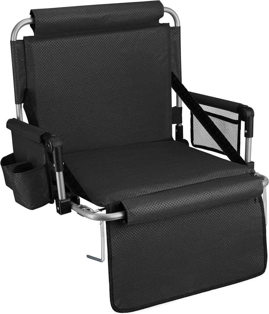 Alpcour Bleacher Seat with Backrest  Premium Stadium Seating for Bleachers: Cushioned, Foldable & Padded Stadium Seat Chair with Arms & Pockets  Perfect for Football & Basketball Games (Black)