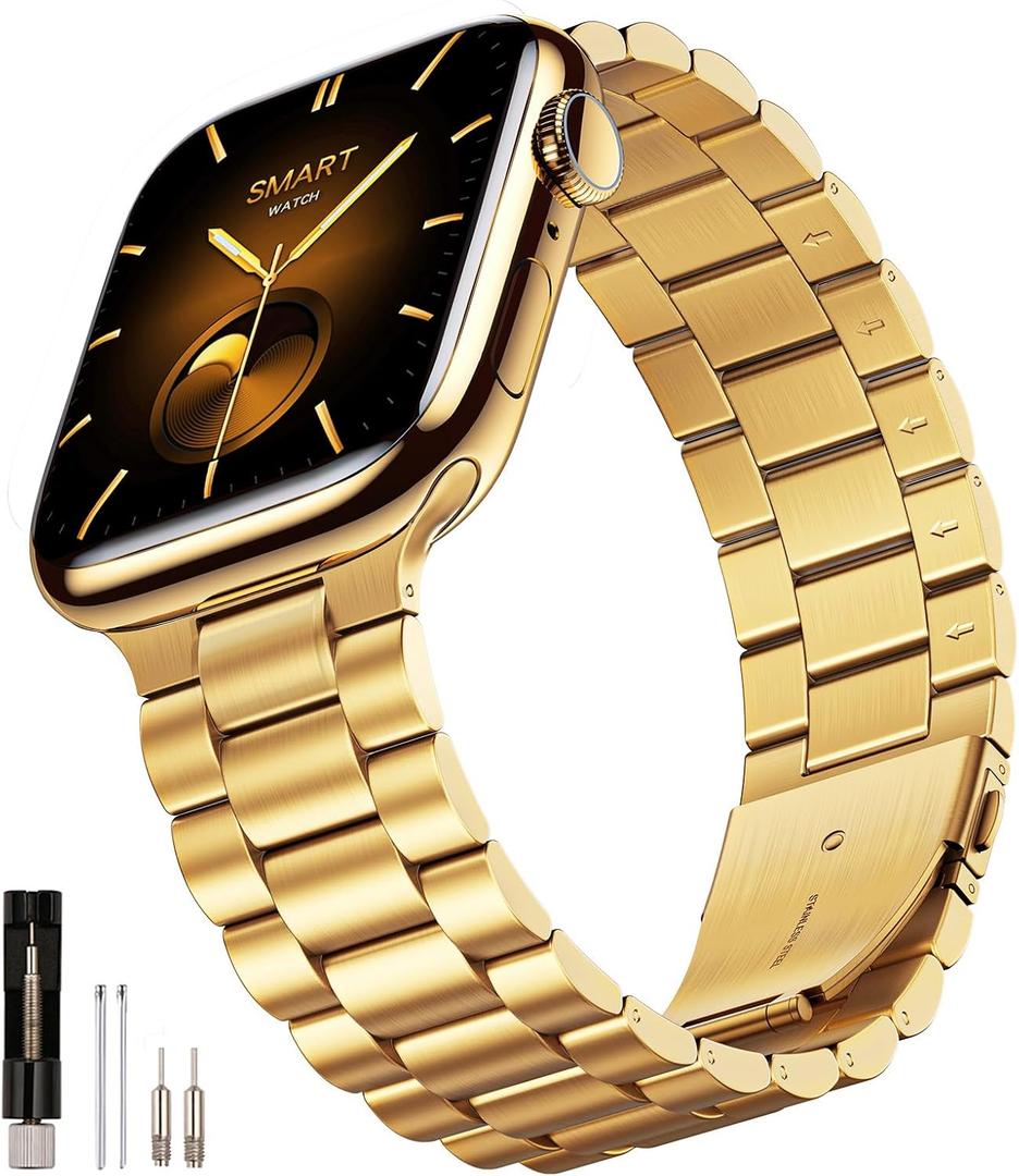 SUNFWR Compatible with Apple Watch Band 45mm 44mm 42mm for Men Women, Stainless Steel Metal iWatch Band for Apple Watch Series 9/8/7/6/5/4/3/2/1/SE/SE2 (Golden, 42mm/44mm/45mm No case)