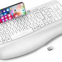 Ergonomic Wireless Keyboard with Cushioned Wrist Rest, Wave Keys, Phone Holder, Comfortable Natural Typing, 2.4GHz Full Size Cordless USB Computer Keyboard for Windows, Mac OS, Laptop, PC (White)