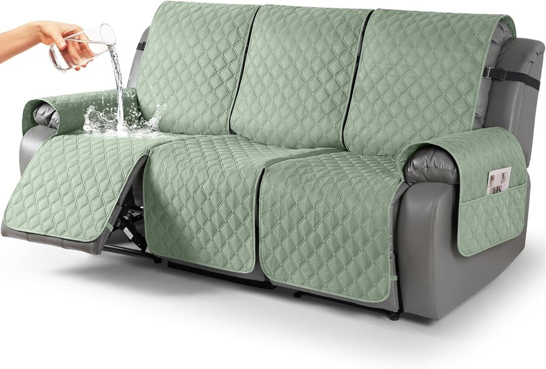 TAOCOCO 100% Waterproof Recliner Covers, Recliner Sofa Covers with Leg Straps, Reversible Recliner Couch Cover for Reclining Chair, Washable Couch Protector for Pets Kids(3 Seater, Sage Green)