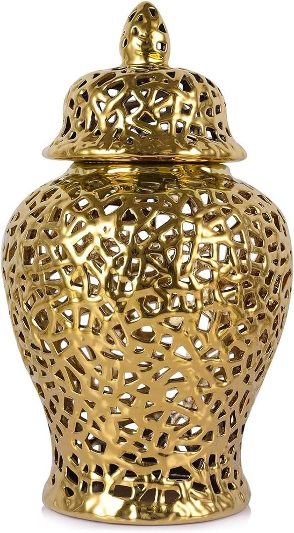 Gold Pierced Ginger Jar Vase with Lid - 15.7" Tall Decorative Ceramic Jar for Home Decor, Centerpiece for Living Room, Dining Room, Entryway, or Office, Large Gold Vase for Flowers