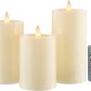 Flameless Pillar Candles Flickering with Remote Timer, Battery Operated LED Candles Up to 400 Hours, 3D Moving Flame Real Wax Candles, Set of 3, D3 x H4, 5", 6",Remote Included(Ivory)