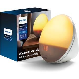 Philips SmartSleep Wakeup Light, Colored Sunrise and Sunset Simulation, 5 Natural Sounds, FM Radio & Reading Lamp, Tap Snooze, HF3520/60