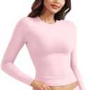 YEOREO Long Sleeve Shirts for Women y2k Tops Double Lined Basic Tee Crew Neck Going Out Sweeney Workout Undershirt, Size Medium, Sakura Pink 