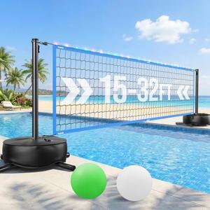 Haokelball LED Pool Volleyball Net Set, 15-32ft Adjustable Volleyball Net for Pool with Heavy Duty Base, Pool Volleyball Set for Inground Pools, Pool Toys & Pool Games for Kids & Adults, 2 Balls