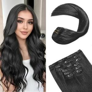FoxFace Clip in Hair Extensions Real Human Hair, Thick Extensions from Root to Tip, Natural Hair Clip Ins, Natural Black, 18 Inch 120g