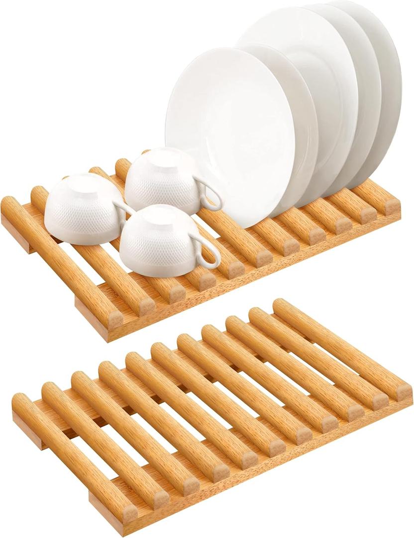 iLOT Solid Wood Kitchen Dish Drying Rack 10 Slots Plate Organizer for Cabinet New Apartment Essentials Plate Holder for Kitchen Display Countertop (Pack of 2)