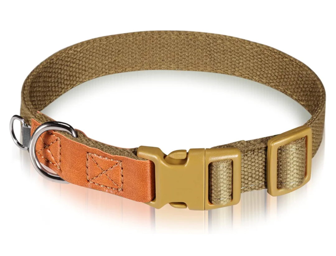 Adjustable Poly-Cotton Dog Collar with Leather Accents, Durable D-Ring, and Premium Plastic Buckle: Comfortable, Stylish, and Secure Perfect for Small, Medium, & Large Dogs Brown L