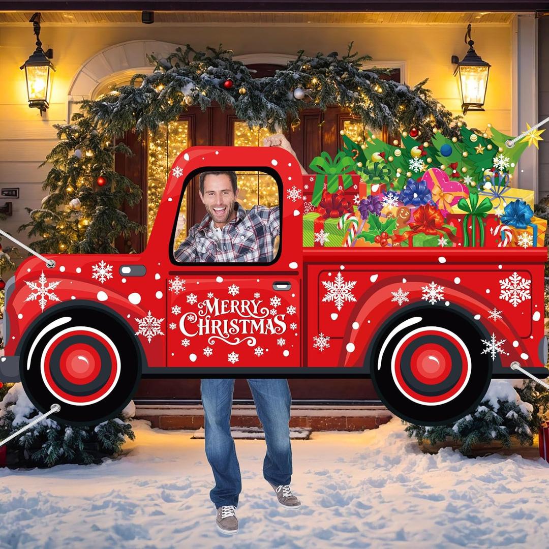 Panelee Christmas Truck Photo Props Xmas Gifts Truck Selfie Frame Backdrop Banner Merry Christmas Car Backdrop Decorations for Door Wall Yard Holiday Birthday Party Favors Supplies