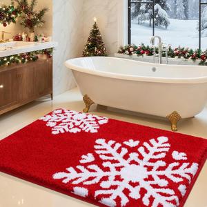 Christmas Bathroom Rugs 30"x20", Ultra Soft Thick Plush Fluffy Microfiber Absorbent Bath Mat, Non-Slip Backing, Machine Washable Bath Mats for Bathroom Floor, Holiday Decor, Red-Snowflakes