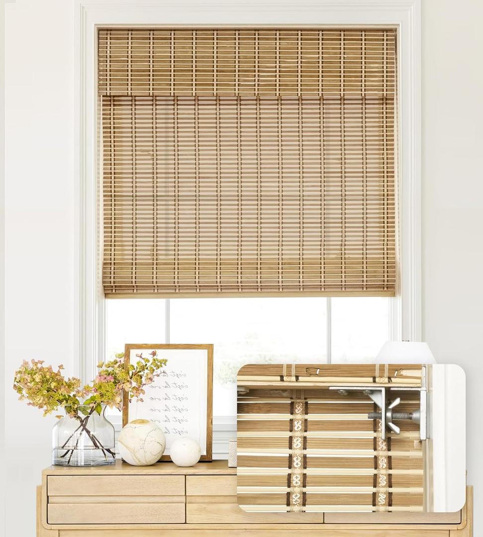 LazBlinds No Tools No Drill Cordless Bamboo Roman Shades, Light Filtering Window Treatment, Roll Up Bamboo Blinds for Window 35'' W x 64'' H, Natural 306