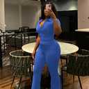 HBQ Women Two Piece Outfit Ribbed Short Sleeve V Neck Polo Top and Flare Pants Casual Lounge Sets Tracksuit, Large Size