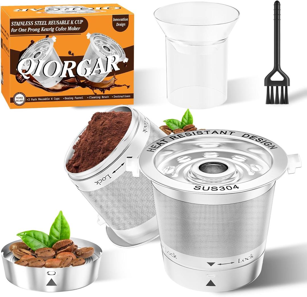 2 Pack Reusable K Cups for Keurig- All Stainless Steel Coffee Pods for Keurig 1 Prong Coffee Machine, No Seal Gasket, Non Plasic, Heat Safe, All in One Set