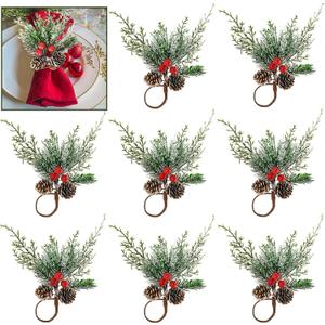 FRAMICS Christmas Napkin Rings Set of 8, Snowy Pine Cone Napkin Ring with Red Berry, Berry Napkin Holder Buckle for for Christmas Wedding Dinner Table Gathering Decor