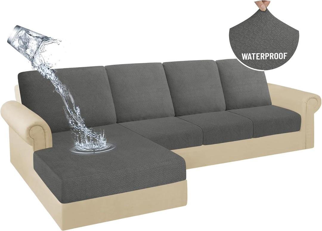 HDCAXKJ 100% Waterproof Sectional Couch Cushion Covers 8 Pieces L Shape Sectional Cover Stretch Chaise Sofa Seat Slipcover Set Jacquard Magic Sofa Cover (Dark Gray, 3 Seater + 4 Backrest + 1 Chaise)