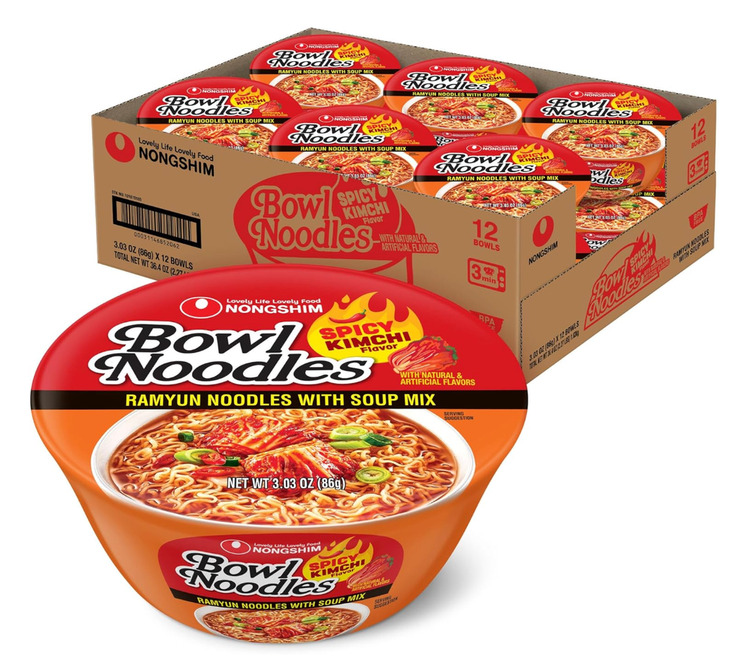 Nongshim Kimchi Instant Ramen Noodle Bowl Soup Mix, 3.03 Ounce (Pack of 12) Korean Ramyun with Veggies, Microwaveable,  BBD April 12, 2027