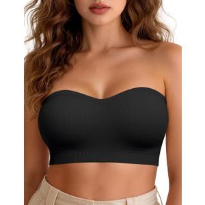 Vertvie Women Strapless Bra Seamless Push Up Bandeau Supportive Tube Top Comfortable Padded Bralette(Black,Large,Rib Knit) (Black, XL)
