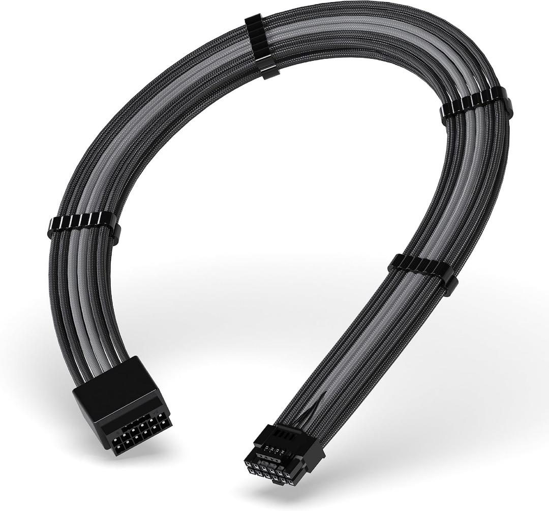 EZDIY-FAB 16pin (12+4) 12VHPWR PCIe 5.0 GPU Power Sleeved Cable Extension, Male to Female, Compatible with RTX 5080, 5070, 4090, 4080, 4070,16AWG with Cable Combs-Black Grey
