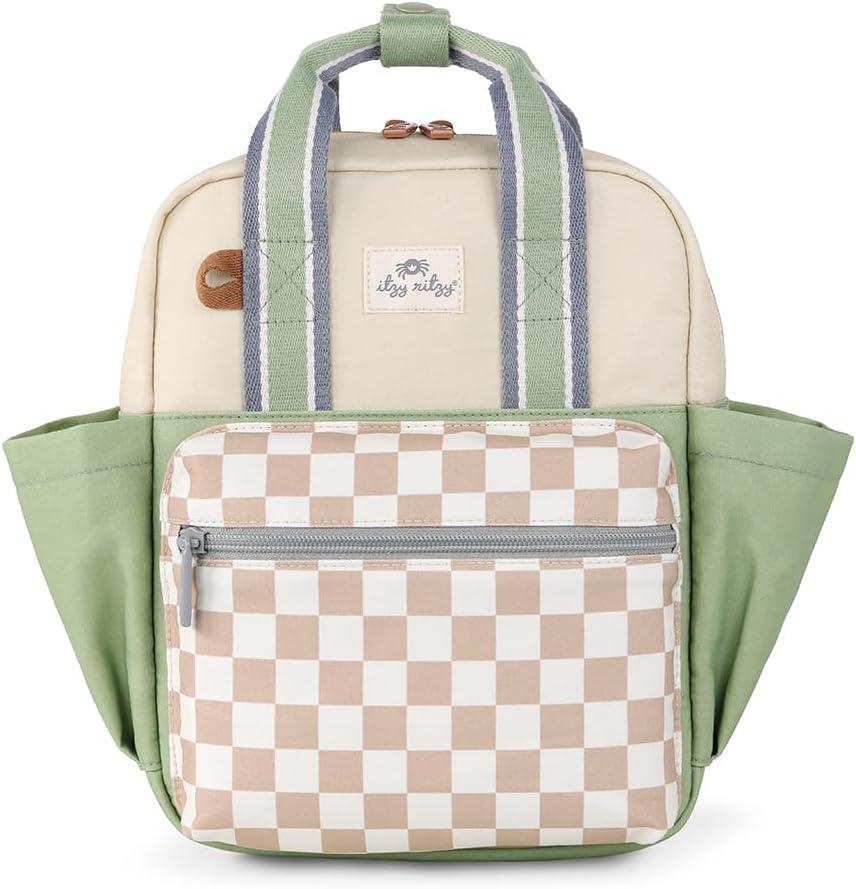 Itzy Ritzy Toddler Backpack - Daycare Bag - Features Adjustable Shoulder Straps, 2 Side Pockets & Spacious Interior with Wipeable Fabric Lining & Name Label, Checkerboard Backpack, Small