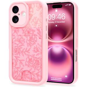 MZELQ Compatible with iPhone 16 Case Silicone Card Holder, Cute Pattern Rose Flower Floral Cover for Girls Women -Pink