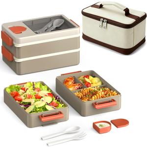 Sitlais Adult Lunch Box Bento Box & Lunch Containers for Adults, Stackable, Leakproof, Microwave Safe, Portable Lunchbox for Work, Travel, Meal Prep, Durable & Easy to Carry (Khaki)