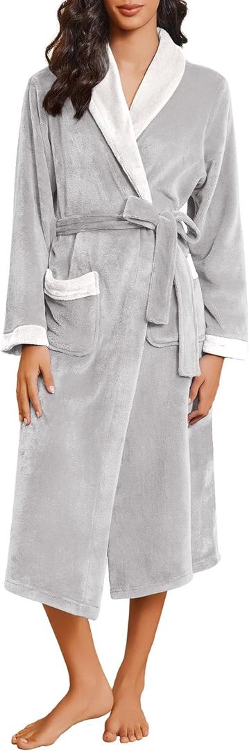 Ekouaer Robes for Women Soft Long Bathrobe Lightweight Fleece Shawl Collar Spa Robe Cozy Sleepwear with Pockets S-XXL (Large)