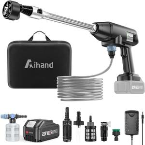 Aihand Cordless Pressure Washer, 986PSI Portable Power Cleaner with 4.0 Ah Battery, 6-IN-1/0-180 Nozzles, 3 Faucet Adapters, Handheld High-Pressure Car Washer for Fences/Patios, Charger Included