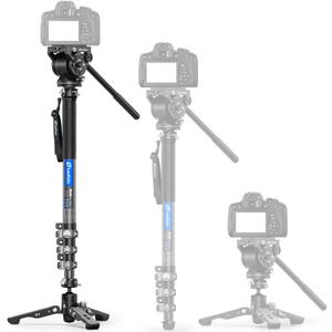 Carbon Fiber Travel Monopod with Removable Feet and 360 Fluid Head, 63" Professional Telescopic Video Monopod for DSLR Video Camera, Load up to 10kg/22lbs (MV-324C+VD-03+BV-10)